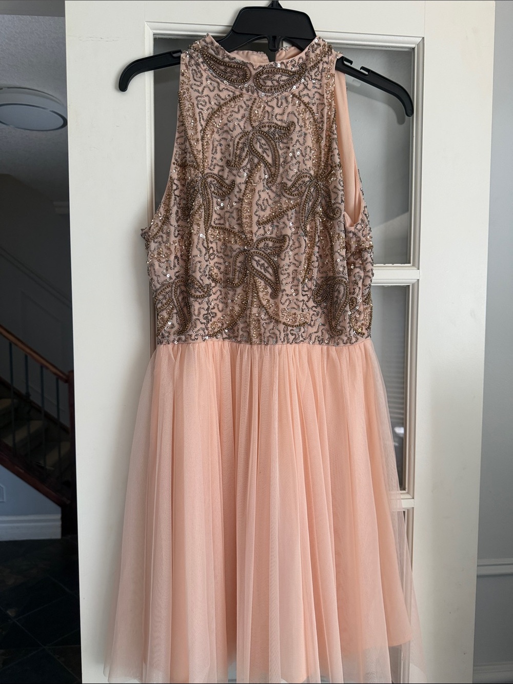 Girls Peach Sequin Tulle Party Dress